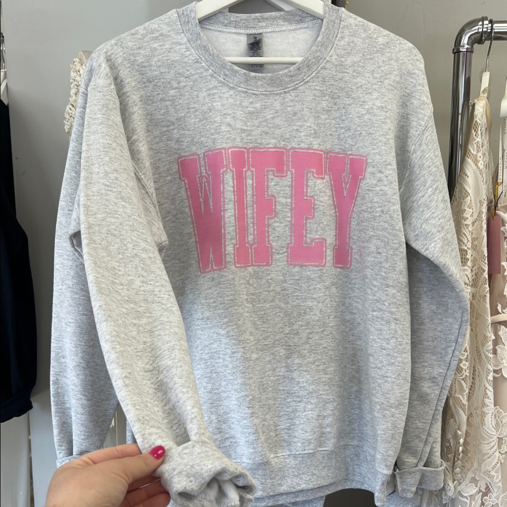 Wifey Crewneck Sweatshirt - Grey with Pink Lettering